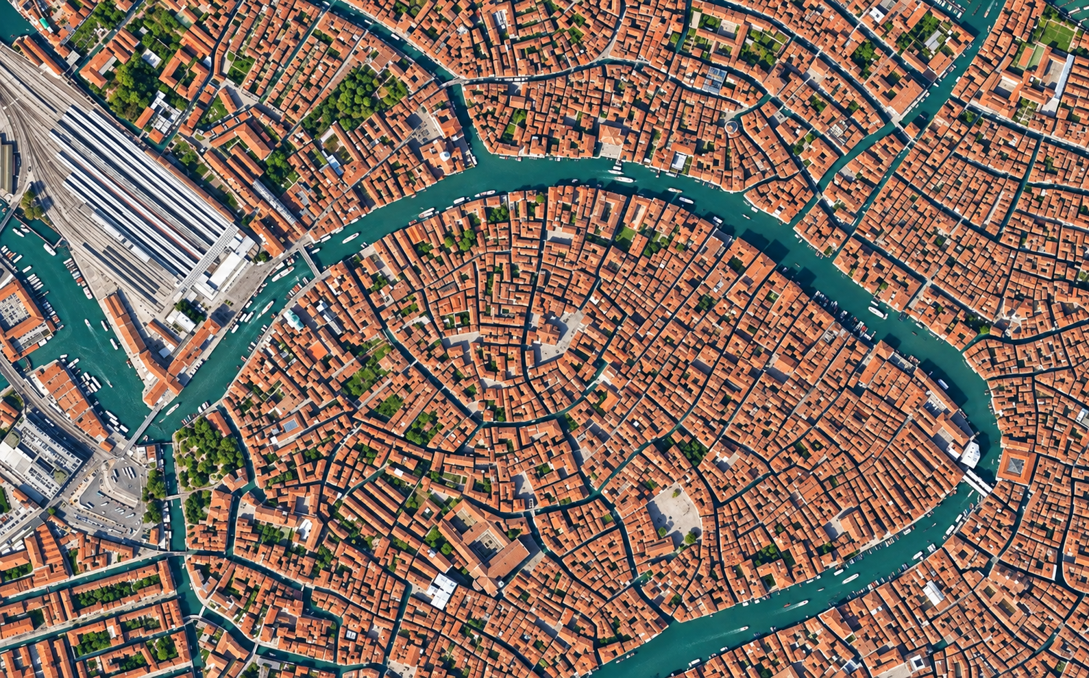 Veduta illustrativa dall’alto di San Polo e Santa Croce, con il Canal Grande e la stazione di Venezia Santa Lucia