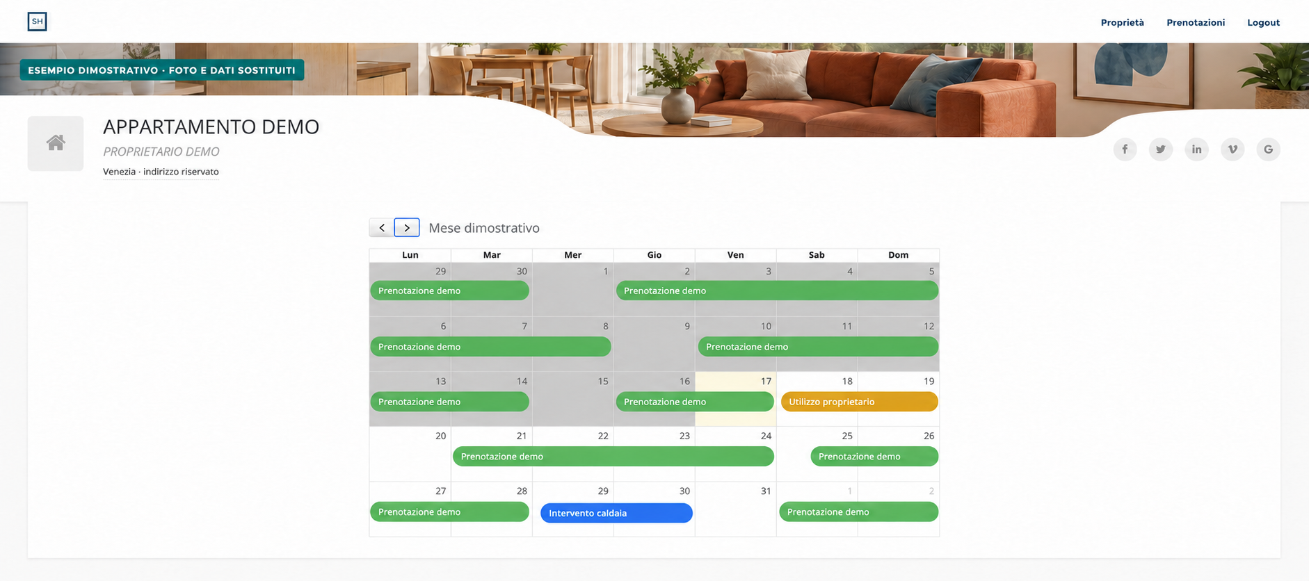 Esempio dimostrativo del calendario del portale proprietari, con prenotazioni, utilizzo proprietario e intervento caldaia