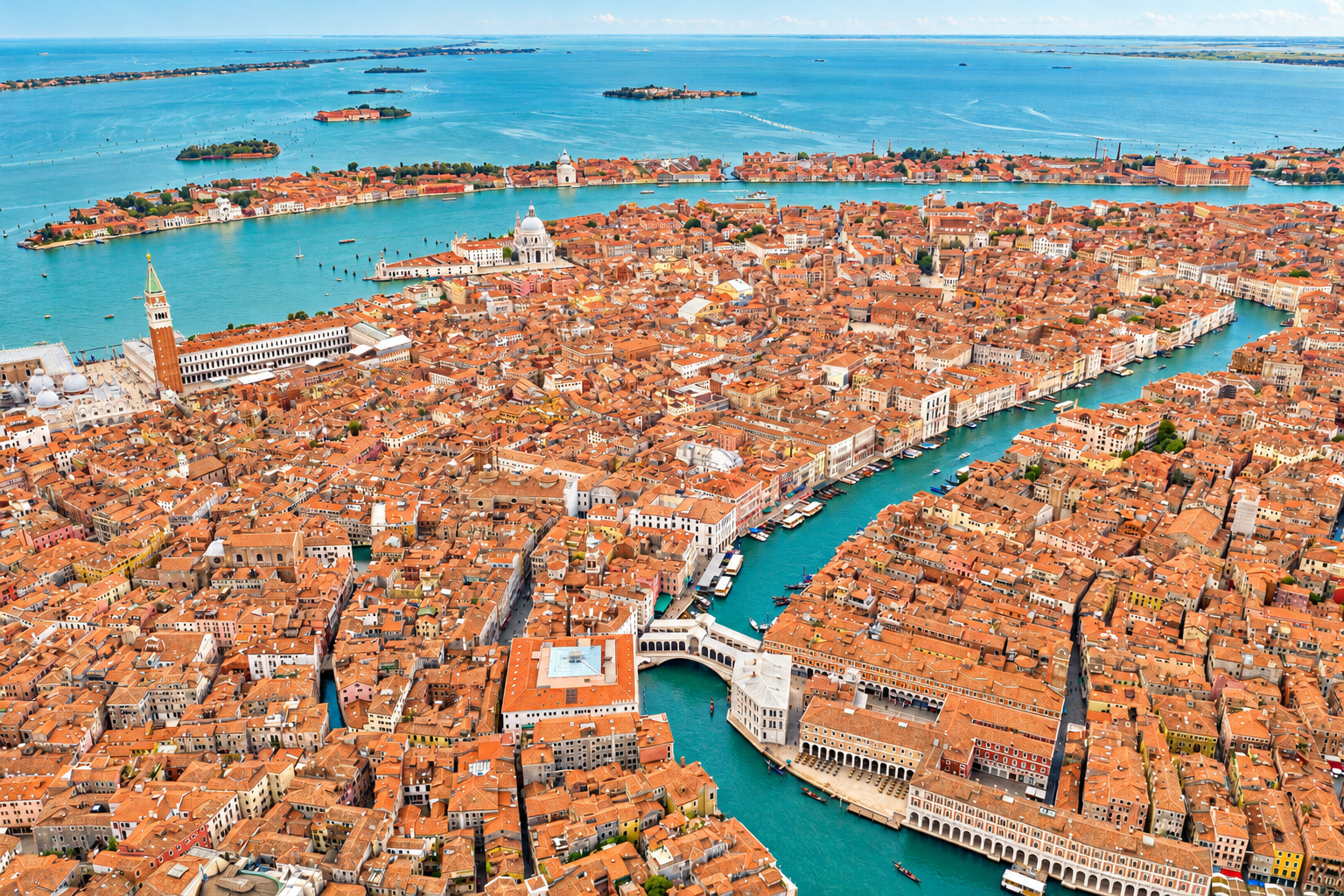 Veduta aerea di Venezia con Rialto e Canal Grande, colori ritoccati